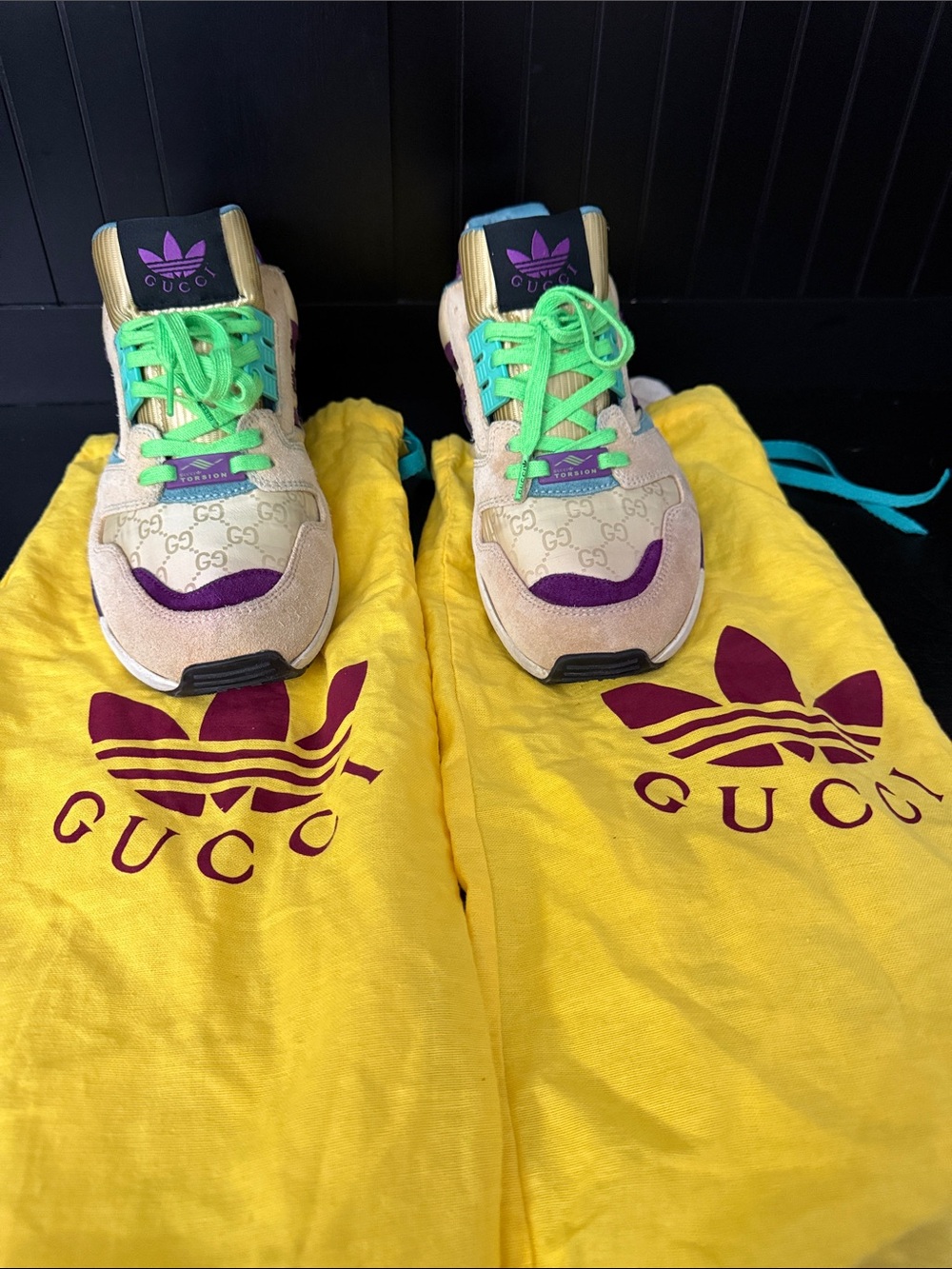 Gucci Beige and Purple Sneakers with Bright Green Laces
